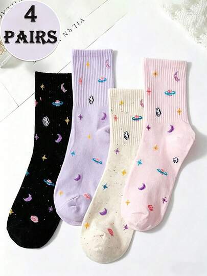 4 đôi tất nữ dài đến bắp chân họa tiết thiên hà dễ thương, tất chấm bi sao mặt trăng hành tinh phối màu tương phản, phù hợp cho mọi mùa và mặc hàng ngày.