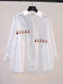 Hot-Selling Women's Loose-Fitting Long-Sleeved White Embroidered Cartoon Pattern Shirt, Perfect For Summer Beach Vacations. - White - View 3