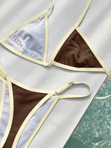 Bộ bikini hai mảnh buộc cổ phối màu tương phản dành cho nữ, đồ bơi thời trang cho kỳ nghỉ/lễ hội âm nhạc/trở lại trường học, bãi biển mùa hè - màu nâu - Xem 5