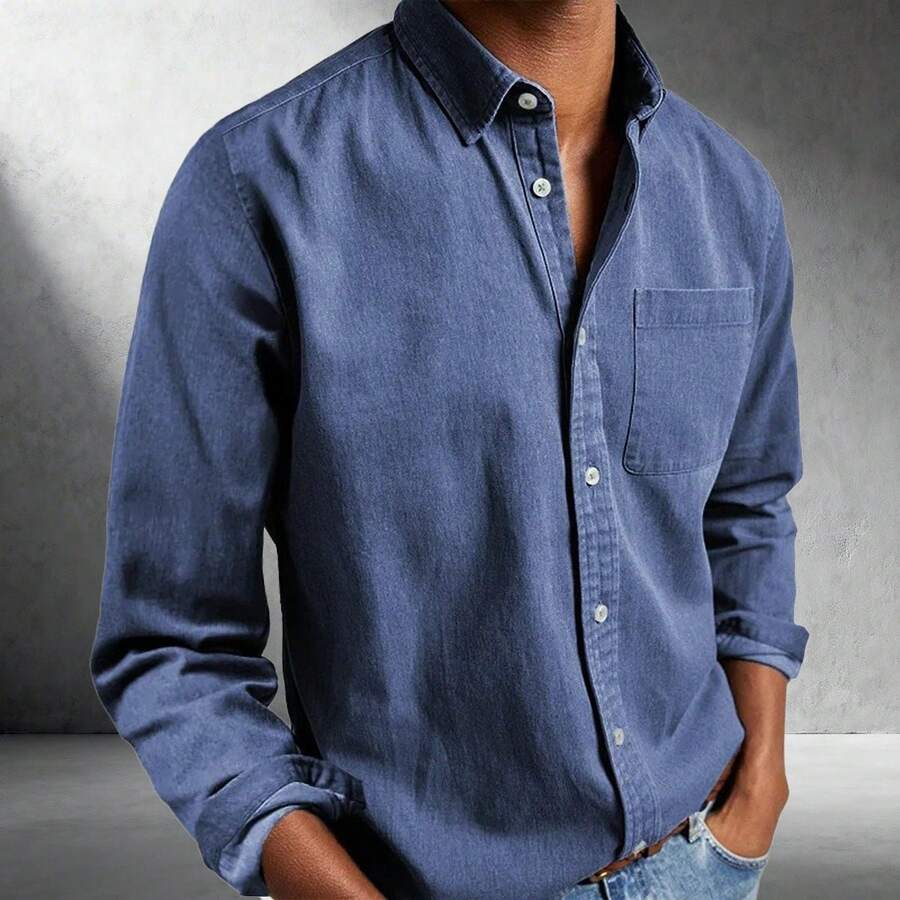 Men's Button Down Long Sleeve Shirt Solid Color Regular Fit Casual Business Shirt - 寶藍色 - 查看 1