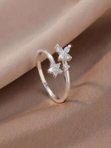 1pc Fashionable Silver Flower & Butterfly Open Ring, Niche Design Luxury Jewelry, Suitable For Date, Party, Work, And Daily Wear - Multicolor - View 4