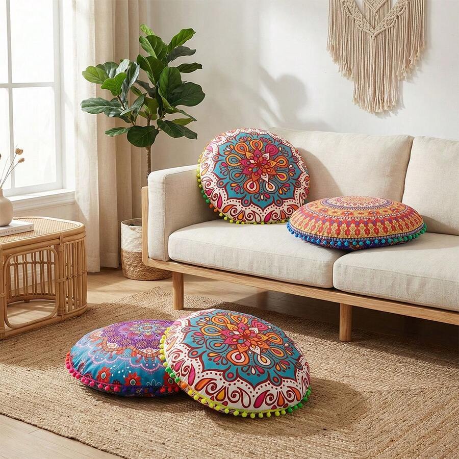 Paquete de 4 fundas de cojín de suelo redondas de mandala de 43 cm, para meditación, otomana, hippie, decorativa, con cremallera, estilo bohemio, con pompones. - Estilo-3 - Ver 1