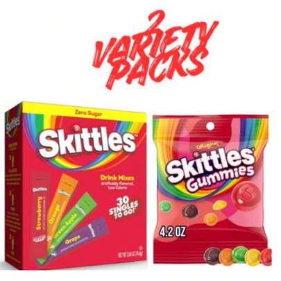 Skittles Gummies Caramelo de goma original 4.2 Oz + Skittles Zero Sugar Singles-To-Go Bebida en polvo 30 Unidades Paquete variado - Combo de caramelos y bebida, Paquete de 2