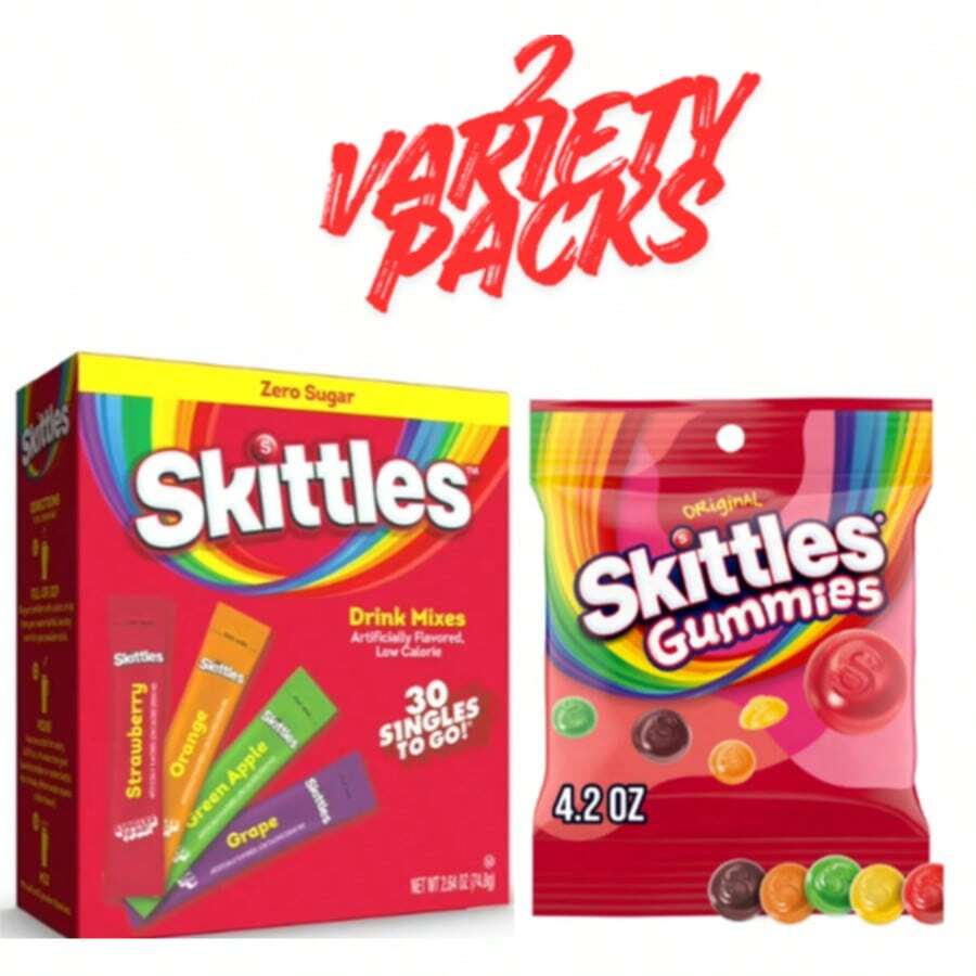 Skittles Gummies Original Gummy Candy 4.2 Oz + Skittles Zero Sugar Singles-To-Go Drink Mix 30 Count Variety Pack – Candy & Drink Combo, 2 Pack - Gummy Candy - View 1