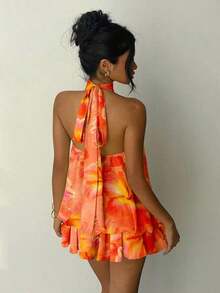 Vestido mini elegante de mujer con cuello halter y lazo en color amarillo claro - Multicolor 7 - Ver 2