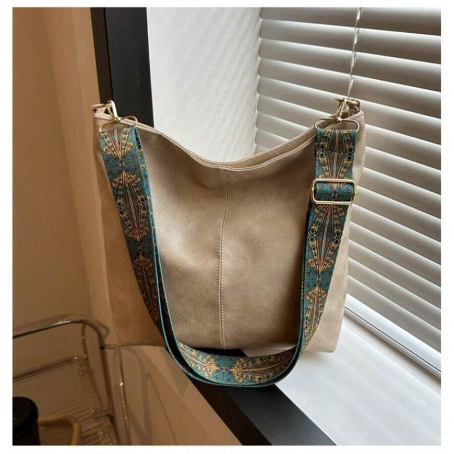 Women's High-Quality PU Bucket Bag, Wide Adjustable Printed Strap, Casual Street Style For Everyday Use - 象牙色 - 查看 1