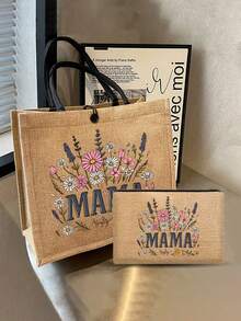 Mother'S Day Gift Tote Bag With Makeup Bag, Cosmetic Bag For Mom, 'Mama' With A Floral Motif, Large Capacity Tote Bag, Makeup, Travel Essentials,Portable Organizer Bag, Beach Bag,Travel Pouch, Travel Makeup Bag, Ideal Gift For Mom, Wife, Grandma, Ideal For Honoring Mothers, Perfect For Mother'S Day, Birthday, Thanksgiving, Mother'S Day Gift - Multicolor - View 4