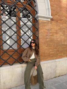 Women's French Vintage Houndstooth Stand Collar Full Zip Jacket With Pockets, Maillard Tone Oversized Fall Homecoming Casual Outerwear - Khaki - View 5