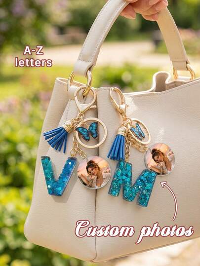 1pc Custom Photo & Initial Keychain, Blue Glitter Letter Acrylic Charm With Butterfly & Tassel, Personalized Bag Pendant,Personalized Blue Glitter Letter Charm, Unique Birthday Gift For Her