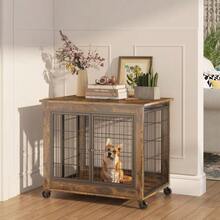 Furniture-Style Dog Crate, Wooden Kennel Table With Double Doors, Indoor Kennel With Hinged Roof, With Wheels For Easy Mobility, White, 80*56*69.5 Cm - Brown - View 9