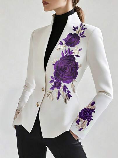 Áo khoác blazer nữ thời trang tinh tế, thêu hoa, cài cúc phía trước, phù hợp cho công sở hàng ngày, các buổi họp mặt, mọi mùa, có lớp lót, thích hợp cho kỳ nghỉ xuân.