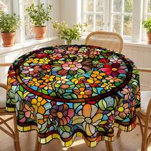 Stained Glass Floral Tablecloth, Colorful Flower Print, Perfect For Kitchen, Dinner, Parties, Holiday Celebrations & Outdoor Gatherings - A - View 5