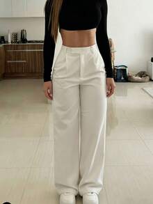 Pantalones de vestir de cintura alta y pierna ancha para mujer, pantalones elegantes con pliegues y caída hasta el suelo, pantalones casuales de corte slim, ropa de oficina blanca, estilo minimalista y elegante para la calle en primavera - Blanco - Ver 5