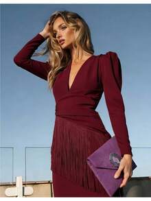 Women's New Fashion Deep V-Neck, Asymmetrical Fringe, Slim-Fit Maxi Dress - 酒紅色 - 查看 4