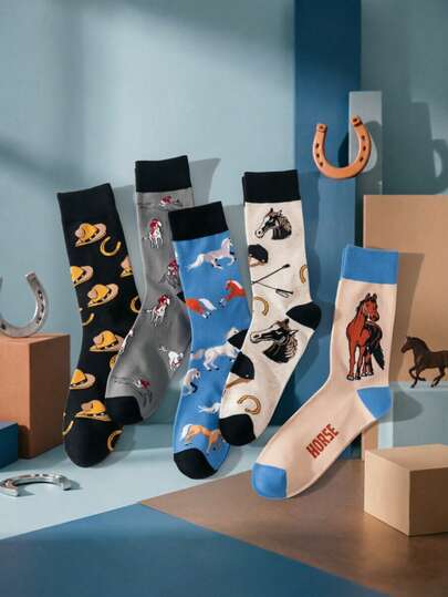 1/5 Pairs Men's Socks, Random Multicolor Cartoon Cowboy, Horse Shoe Patterns, Soft Comfortable Casual Mid-Calf Socks, Suitable For All Seasons