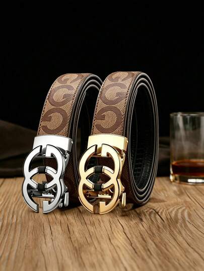 男士奢华自动扣皮带，时尚几何图案真皮腰带，商务休闲皆宜，金/银色扣环可调节腰带，适合日常穿着及正式场合 | 高级仿皮腰带，经典字母印花，耐用合金自动锁定扣环，3.5厘米宽，百搭牛仔裤、西装、休闲裤的理想之选