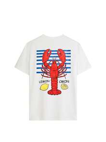Women's Casual T-Shirt With Retro Lobster And Lemon Graphic Print, Vintage Style, Short Sleeve, Round Neck, Y2K Aesthetic, Summer Fashion, Coastal Style, Lightweight, Breathable And Comfortable For Daily Wear, Ideal For Beach Holidays, Seafood Festivals, Coastal Getaways, Brunch, Coffee Dates, Summer Vacation, Gift For Ocean And Seafood Lovers. - 白色 - 查看 2