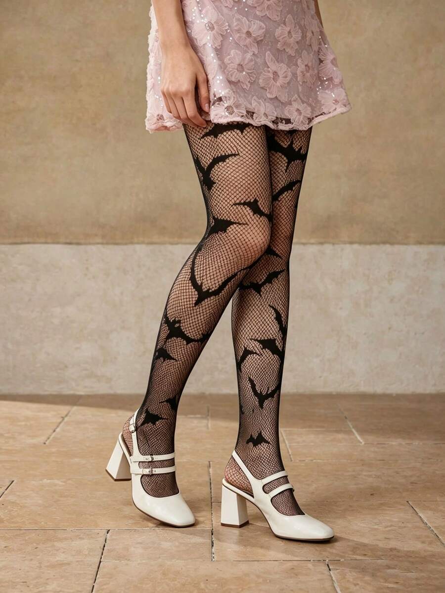 1 Pair Black Bat Jacquard Sexy Punk Goth Style Fishnet Stockings, Suitable For Daily Wear - Multicolor - View 1