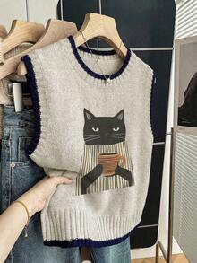 Áo vest nữ không tay cổ tròn mới mùa thu đông, in hình mèo đen và cốc cà phê, áo tank top dệt len màu kaki viền tương phản, áo dệt kim rộng rãi phong cách thường ngày cho nữ sinh, trang phục mùa thu cho nữ đi chơi, mặc hàng ngày, tốt nghiệp mùa hè - Nhiều màu - Xem 1