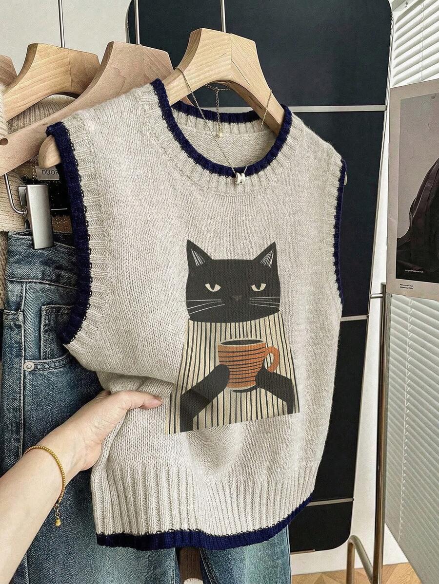 Áo vest nữ không tay cổ tròn mới mùa thu đông, in hình mèo đen và cốc cà phê, áo tank top dệt len màu kaki viền tương phản, áo dệt kim rộng rãi phong cách thường ngày cho nữ sinh, trang phục mùa thu cho nữ đi chơi, mặc hàng ngày, tốt nghiệp mùa hè - Nhiều màu - Xem 1
