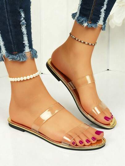 1 Pair Of Transparent PVC Open Toed Double Strap Flat Sandals For Teenage Girls, Minimalist Style, Summer Daily Shopping And Outdoor Shoes