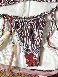 Elegant Zebra Print Bikini Set - White 2 Pieces With Burgundy Floral Accent | Charming Beach Style For Summer Vacation - Multicolor - View 6