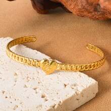 18K Gold Stainless Steel Twisted Heart-Shaped Open Bangle Bracelet, European And American Style, Y2K Fashion Jewelry For Daily Wear - Gold 3 - View 1