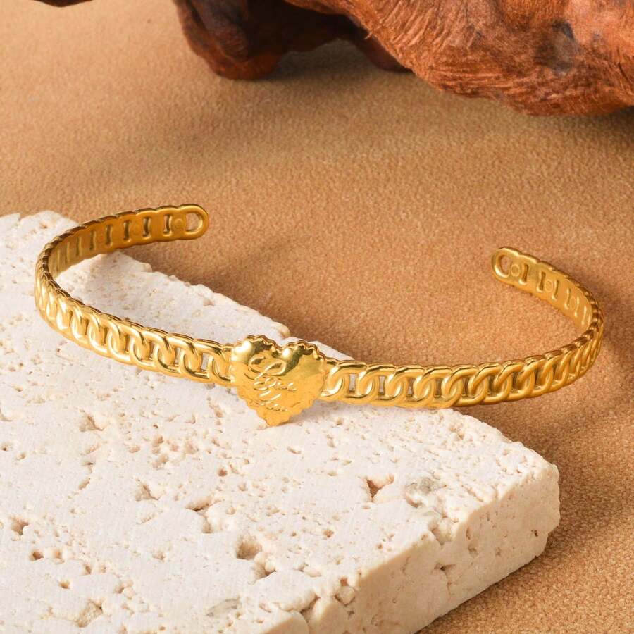 18K Gold Stainless Steel Twisted Heart-Shaped Open Bangle Bracelet, European And American Style, Y2K Fashion Jewelry For Daily Wear - Gold 3 - View 1