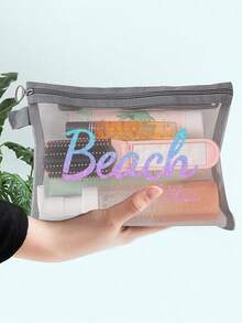 Bolsa de playa de malla impermeable y colorida con estampado impreso "Beach Vibe", temática de playa, bolsa de cosméticos transparente de gran capacidad, bolsa de almacenamiento para viajes de playa de verano, estuche de maquillaje con cremallera de nailon, ligera, puede almacenar protector solar, aperitivos, bikini y artículos esenciales de playa. Almacenamiento de primavera/verano, decoración de dormitorio, vuelta a la escuela - Multicolor - Ver 2