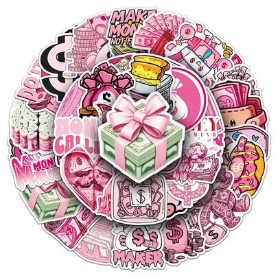 50张卡通粉色硬币涂鸦贴纸，装饰贴纸，适用于水瓶、吉他、行李箱、手机、手机壳、笔记本电脑、滑板等，礼品