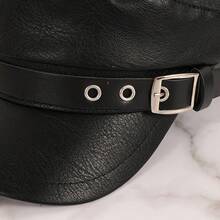 Korean-Style PU Leather Textured Flat-Top Newsboy Cap With Belt Buckle, Suitable For Outdoor Travel, Versatile And Stylish Sun-Shading Cap - màu đen - Xem 3