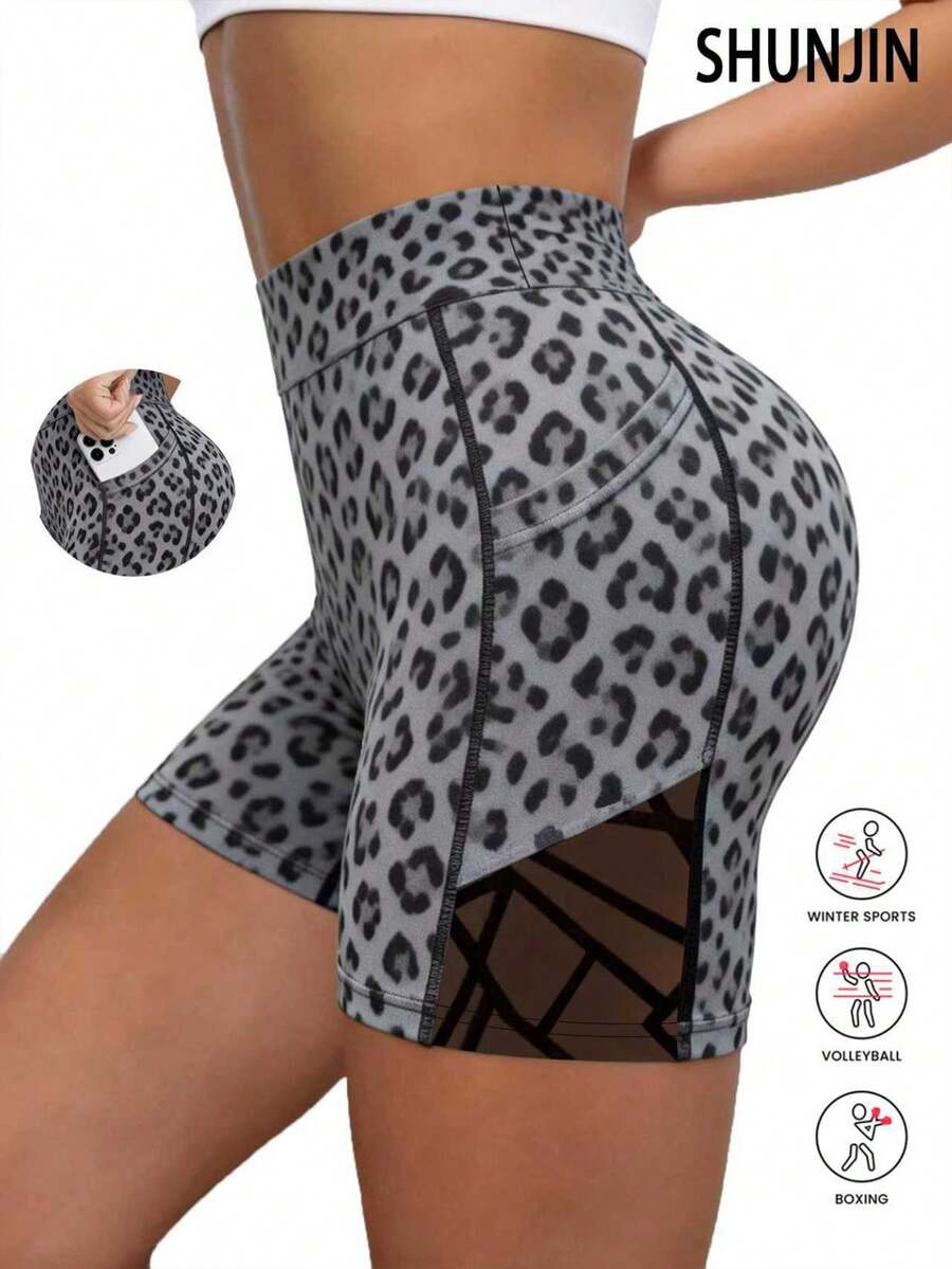 1pc New Arrival Leopard Print Mesh Patchwork High Waist Tight Shorts, Sexy Slimming Fashion Yoga Sports Shorts Suitable For Summer, Outdoor Fitness Running Training Breathable Cycling Shorts - Grey - View 1