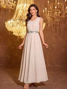 Đầm dạ hội dài tay phối sequin SUPGIR [Họa tiết ngẫu nhiên] dành cho nữ, có thể mặc hai mặt, kèm thắt lưng. - Màu be - Xem 4
