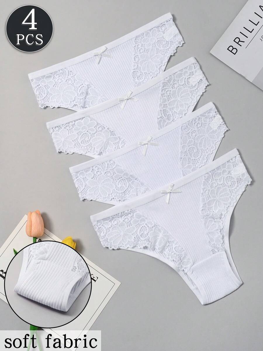 4 chiếc quần lót dây T-string ren trắng có gân, thoáng khí, thoải mái dành cho nữ - trắng - Xem 1