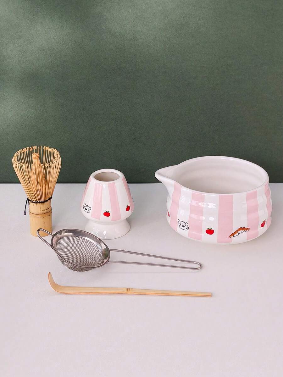 1件/2件/4件/5件套 新款可爱宠物条纹抹茶套装，创意吸睛抹茶碗，经典条纹系列，高品质抹茶工具组合，包含抹茶碗、打蛋器、竹勺、抹茶筛，适合抹茶爱好者和初学者，母亲节、长辈、情人节的绝佳礼物