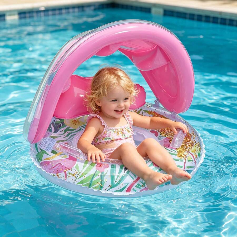Infant Swimming Ring With Detachable Sunshade, Inflatable Baby Swimming Ring With Backrest, Essential For Baby Boys And Girls In Summer