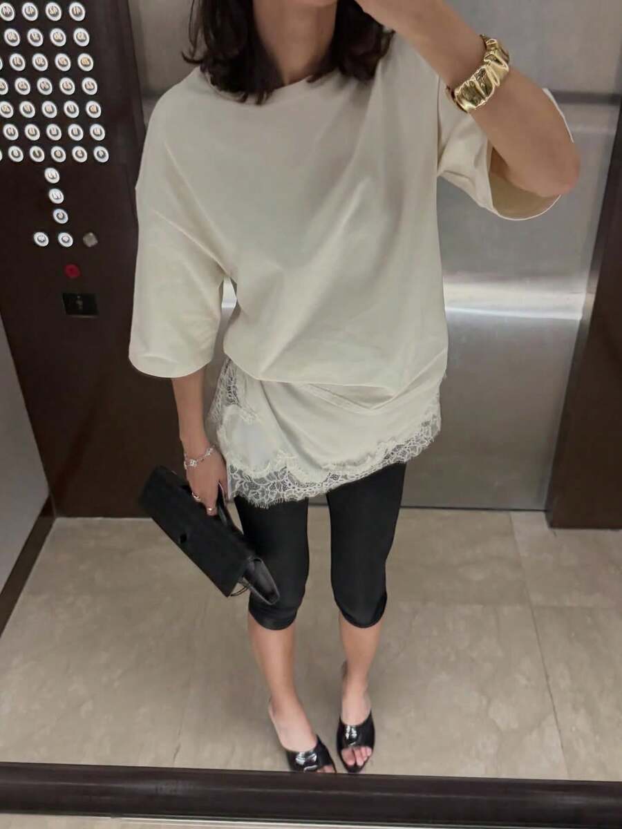 French Retro Lace Patchwork Loose Casual T-Shirt For Women, Spring/Summer, Oversized Mid-Length Short Sleeve Top White - White - View 1