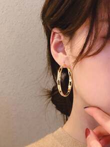 2pcs Hollow Geometric Cubic Zirconia Hoop Earrings, Lightweight Luxury Copper Gold Tone, Suitable For Party, Gathering, Ball, Gift, Daily Outfit Accessory - 金色 - 查看 9