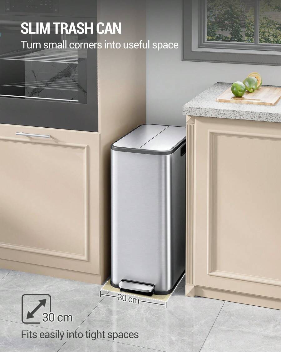 HEXCELEN Kitchen Trash Can, 2x28L Narrow Double-Chamber Design, With Foot Pedal, Waste Sorting System, Removable Inner Bin, Includes 15 Dedicated Trash Bags. - Silver - View 1