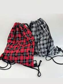 Mochila con cordón estilo uniforme a cuadros JK, mochila versátil y linda con estilo escolar, bolsa de lona unisex - Multicolor - Ver 8