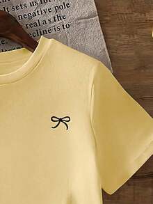 Camiseta de manga corta holgada con estampado de lazo y hombros anchos, casual, negra, de verano - Amarillo - Ver 5