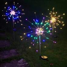 1个太阳能烟花灯，200颗LED灯珠，铜线串灯，适用于圣诞节草坪、小路、花园装饰 - 暖白 - 查看 4