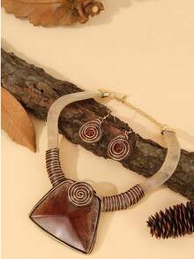 Bộ trang sức phong cách Bohemian màu nâu, gồm 2 món: vòng cổ và bông tai xoắn ốc thủ công. - Cà phê nâu - Xem 4
