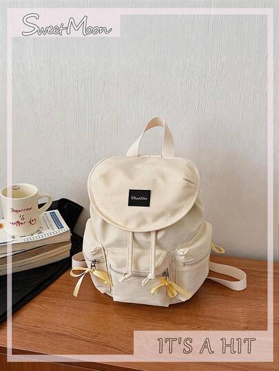 1个米色布艺休闲简约清新字母贴布多口袋抽绳装饰大容量可折叠翻盖双肩背包（不含挂件），适合春夏新款搭配，适合上学、旅行、购物、约会、送礼，适合女性、少女、女大学生、职场新人及白领，完美适用于办公室、大学、工作、商务、通勤、户外、旅行、外出、书包，便携大容量，适合少女、女大学生