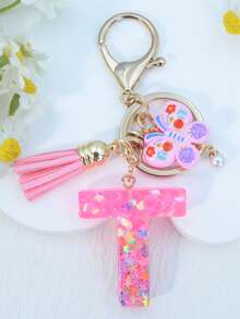 1pc Resin Letter Keychain With Butterfly & Pearl Decor, Minimalist Bag Charm, Holiday Gift For Women A-Z - Baby Pink - View 23