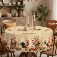 Vintage Rooster Rural Theme Tablecloth, Farmhouse Style Chicken & Flower Basket Pattern Round/Rectangular Tablecloth, Rustic Country Kitchen Dining Table Decor, Suitable For Indoor Outdoor Garden Party Autumn Thanksgiving Decoration - A - View 8