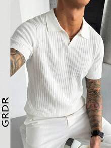 Suéter de punto de verano para hombres GRDR, de unicolor con costillas, de manga corta y con estilo, adecuado para uso casual y deportivo - Blanco - Ver 2