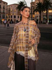 Elegant Plaid Cover Up, Women's Casual Romantic Shawl Collar Cover Up, New Fashion Beach Resort Cover Up - Olive Green - View 2