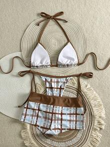 Ensemble de bikini à carreaux sexy avec dos nu et décolleté pour femmes, avec short de bain. Maillot de bain de plage à haute élasticité - Multicolore - Voir 7
