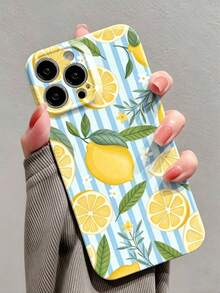 1 pieza Funda de teléfono con patrón de flor y hoja de limón fresco perforada y brillante, apta para iPhone 11/12/13/14/15/16 Pro Max - Multicolor - Ver 3